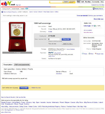bobzsingh eBay Listing Using our 1980 Gold Proof Half Sovereign Photographs